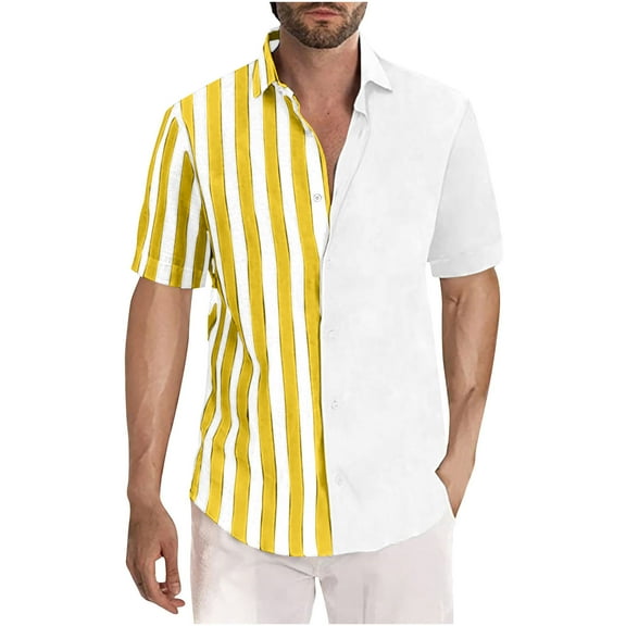 Besolor Short Sleeve Tops for Men Stripe Patchwork Button down Shirts Casual Summer Beach Vacation Tees