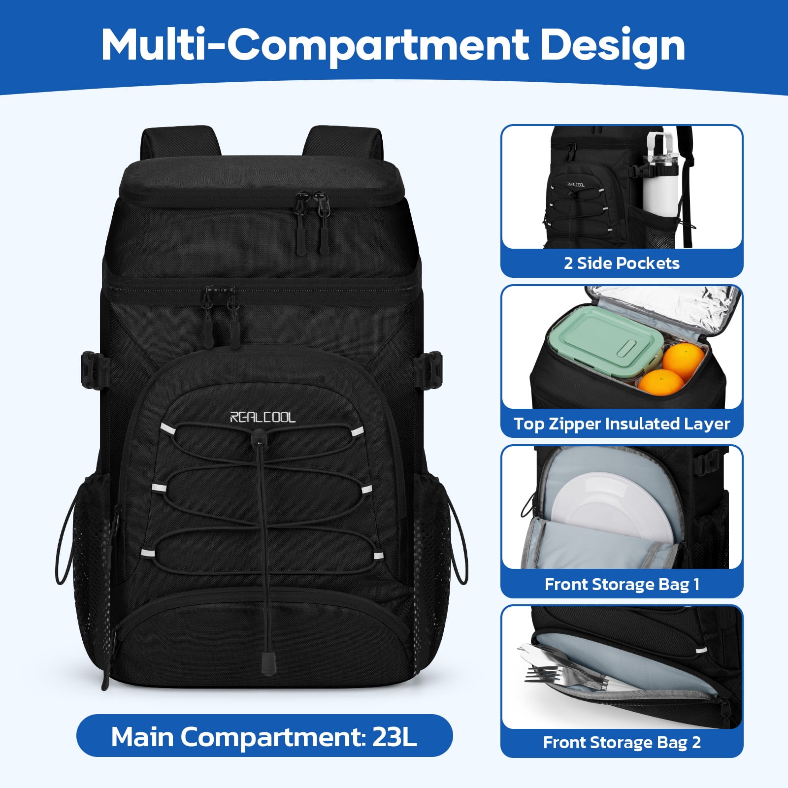 Realcool Backpack Cooler，33 Cans Insulated Leakproof Soft Cooler Bag Lightweight Camping Beach Lunch Backpack for Men Women Black