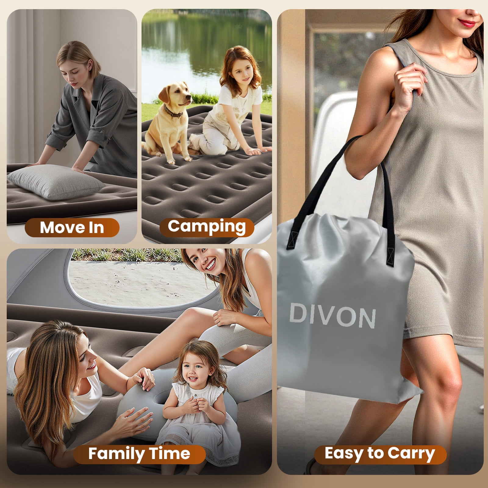 Divon Full Size Air Mattress with Built-in Pump, 18" Elevated Inflatable Bed for Guests & Travel, Brown