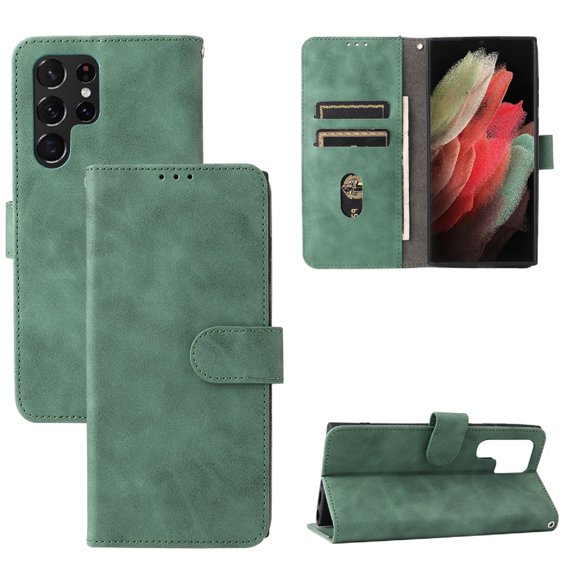 Case for Samsung Galaxy S24 Ultra Wallet Case with Card Slots Holder Magnetic Clasp Cover, Luxury PU Leather Skin-Friendly Wrist Strap Handbag Shockproof Kickstand Case for Galaxy S24 Ultra, Green