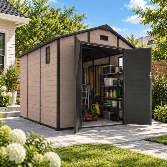 Seizeen 8 x 10FT Resin Shed, Outdoor Storage Shed, Outside Garden Plastic Shed for Lawn Mower, Bike Tool, with Double Doors, Air Vents, Double Windows, PP Floor