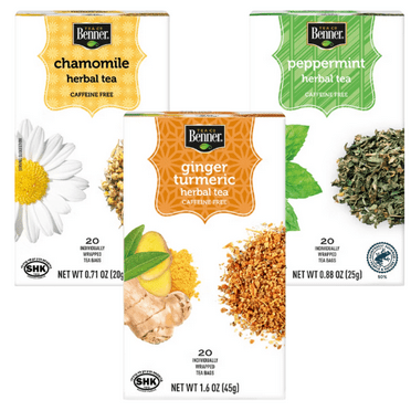 Benner Variety Herbal Tea Bags 60 Count Ginger Turmeric, Peppermint and Chamomile