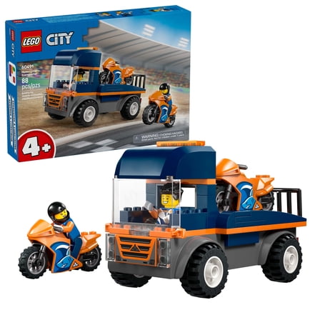 LEGO City Motorcycle Transporter Building Toy for Boys & Girls - Pretend Play Set for Preschool Kids, Ages 4  - Flatbed Truck Toy W/2 Toy Motorcycles & 2 Minifigures - Gift Idea for Birthdays - 60491