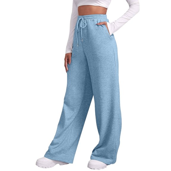 Gtoiithly Women's Straight Leg Low rise Sweat Pants Wide Leg Sweatpants Drawstring Elastic Low Waist Pants with Pockets Sky Blue S