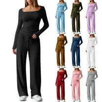 QATAINLAV Women's 2 Piece Outfits Long Sleeve Square Neck Tops Matching Wide Leg Pants Tracksuits Casual Lounge Sets, Pink, S, Mothers Gifts