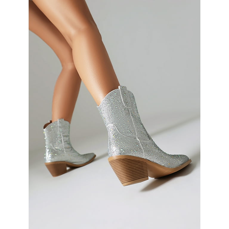 vivianly Rhinestone Cowboy Boots for Women Western Ankle Glitter