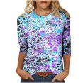 thumbnail image 1 of Camiseta holgada estampada a la moda para mujer, blusa de manga 3/4 de longitud media, Tops informales con cuello redondo Pompotops FGAJ5179, 1 of 5