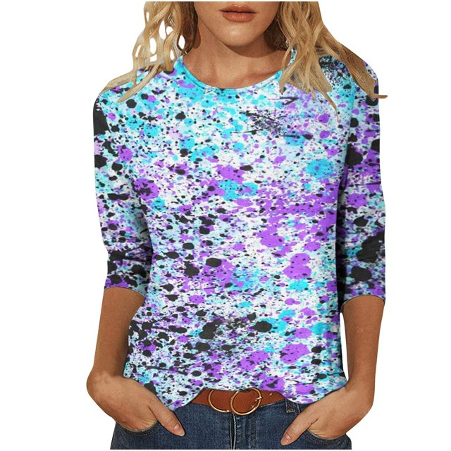 Camiseta holgada estampada a la moda para mujer, blusa de manga 3/4 de longitud media, Tops informales con cuello redondo Pompotops FGAJ5179