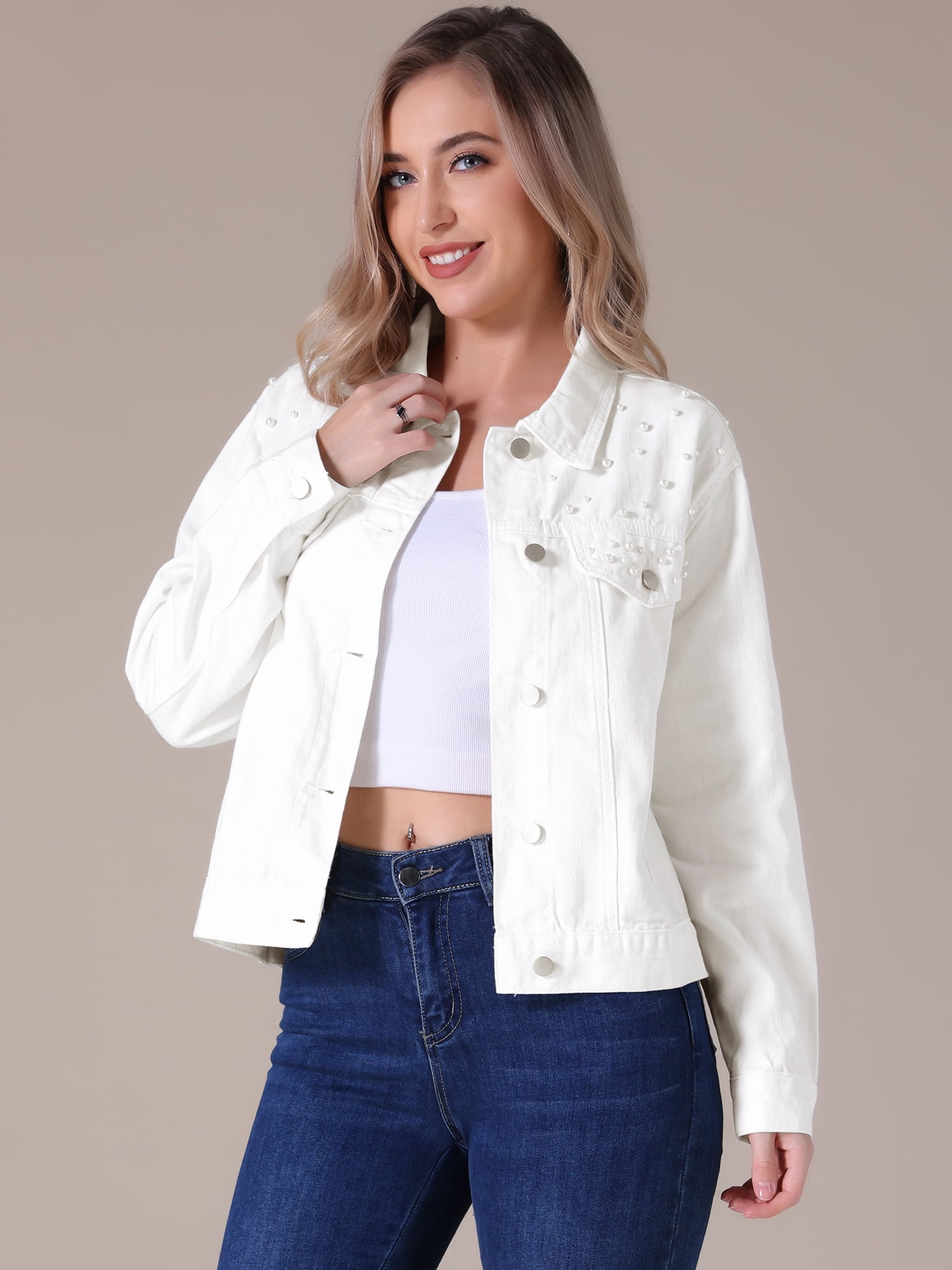 DARING DIVA Women's Long Sleeve Button Up Denim Jackets L White