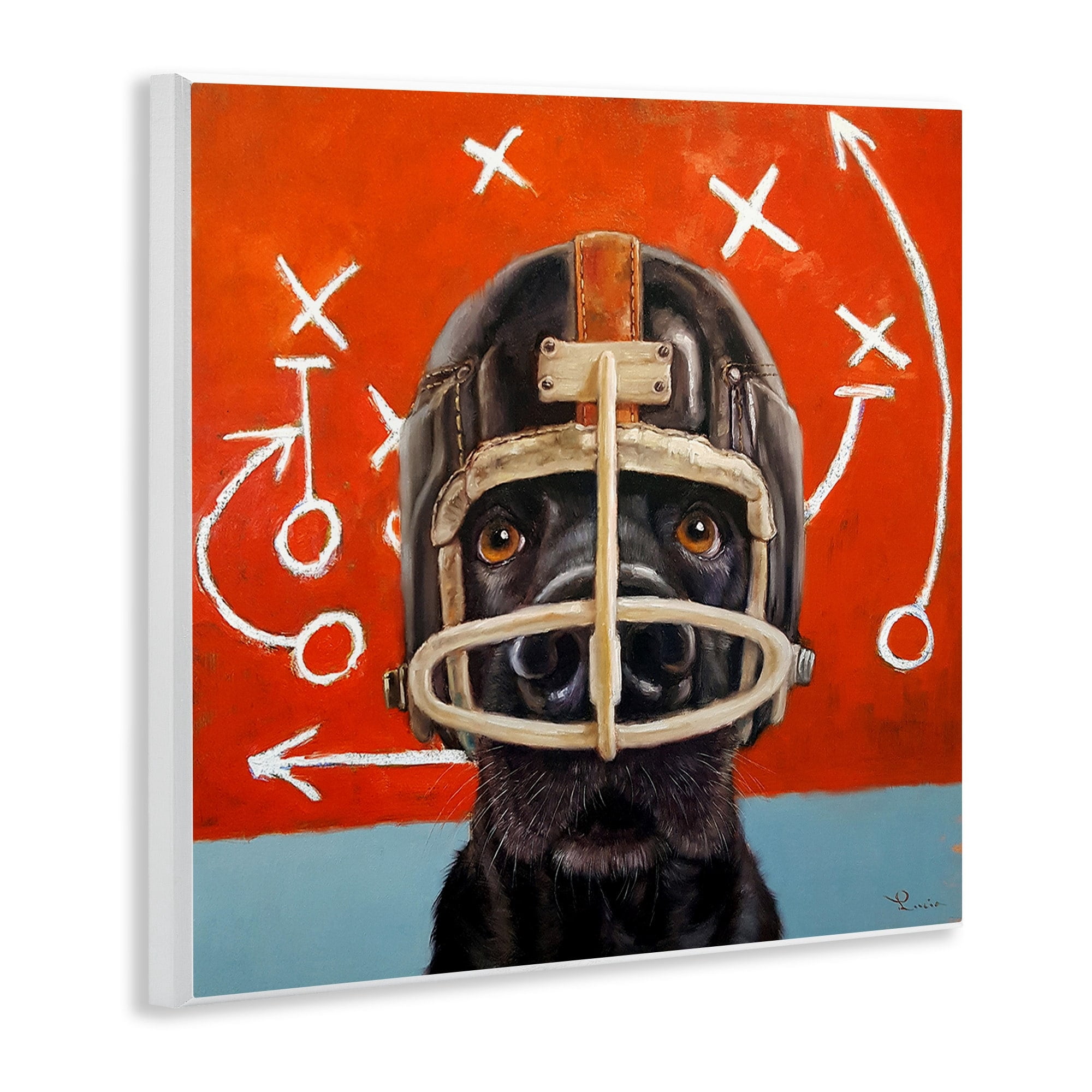 Stupell Industries Black Dog Wearing Football Helmet Sports Plays Wood Wall Art, 12 x 12, Design by Lucia Heffernan