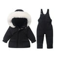 thumbnail image 2 of SGFCWSX Kids Winter Snowsuit Set Puffer Jacket with Furry Hood and Bib Overalls for Boys Girls Waterproof Insulated Cold Weather Outfit Black Size 6-12 Month, 2 of 7