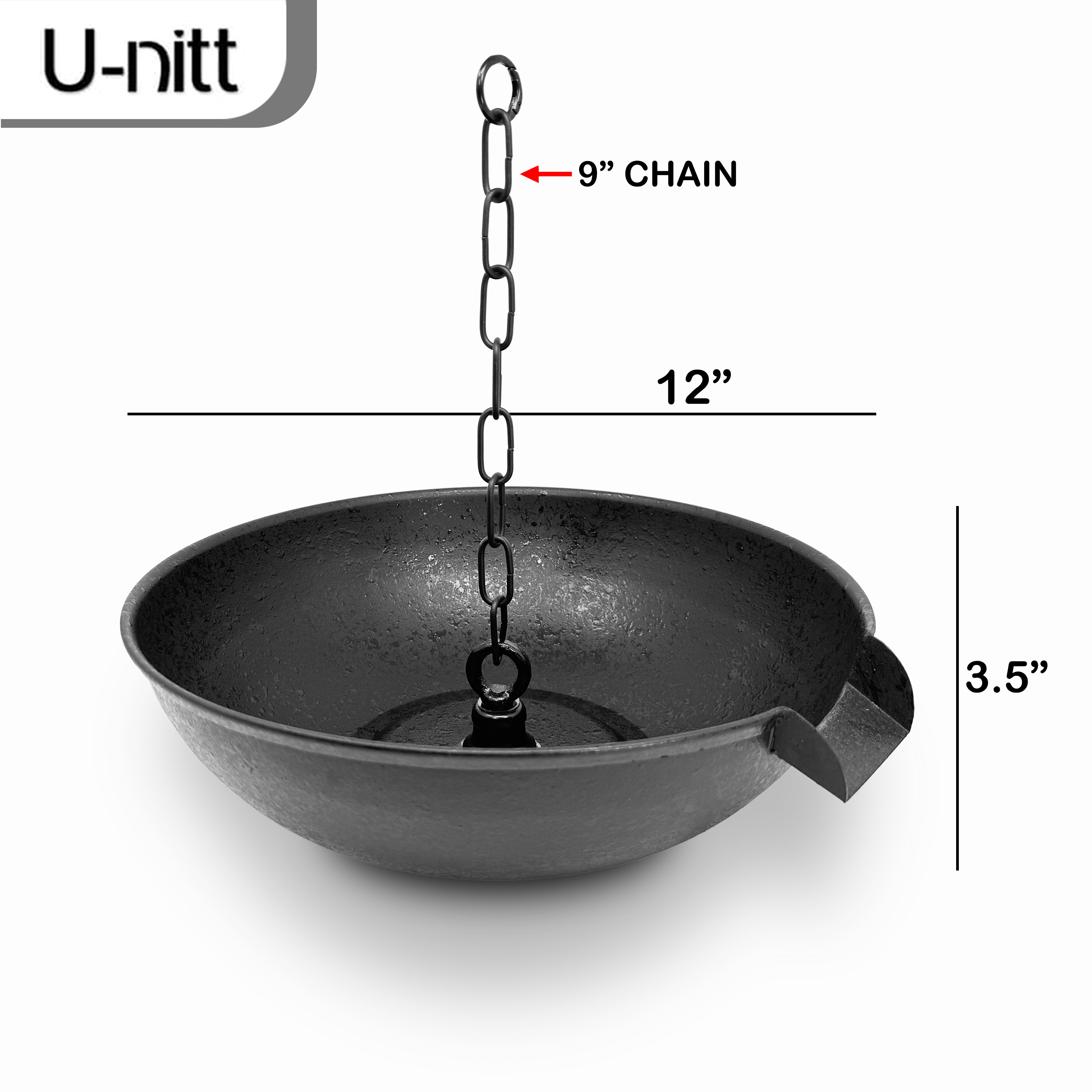 U-nitt 12" Anchoring Basin/Bowl/Dish for Gutter Rain Chain, Spill Bowl for Fountain, Flat Scupper, Birdbath Alternative, with Attachment Chain, Black Powder Coated, 972FBLK-V2
