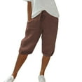 thumbnail image 4 of HKYNLAG Bermuda Shorts for Women Knee Length Plus Size Cotton Linen Shorts Elastic Waist Drawstring Shorts Summer Capris Pants with Pockets Coffee 2XL, 4 of 5