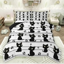 jejeloiu Kawaii Cat Kitten Queen Comforter Set,Cute Cartoon Animal Bedding Sets,Black Puppy Dogs Paws Bedding Comforter Set For Kids,Super Cozy Room Decor Reversible,3-Piece