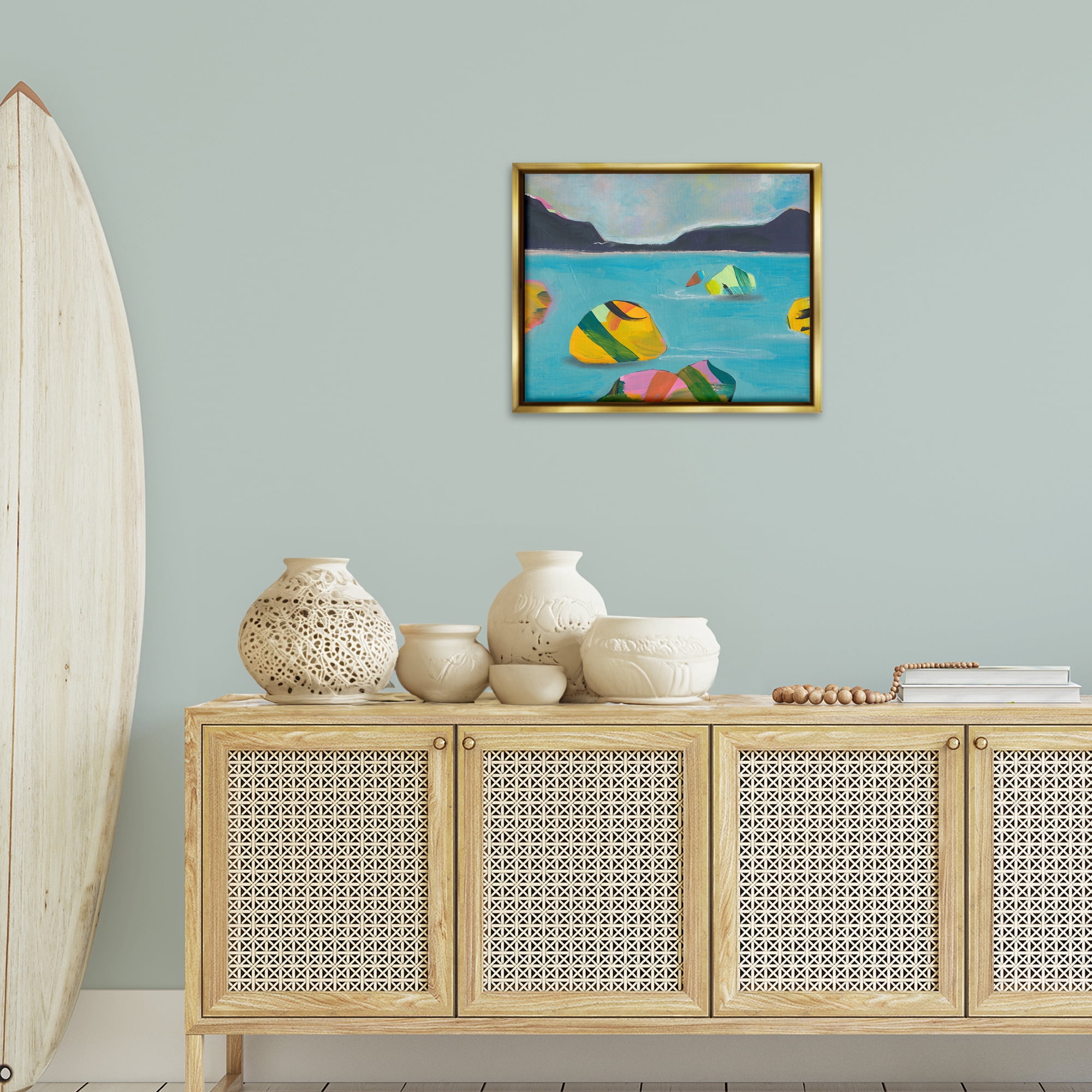 Stupell Industries Sea Buoys Floating Landscape & Nature Painting Gold Floater Framed Canvas Art Print Wall Art, 21 x 17
