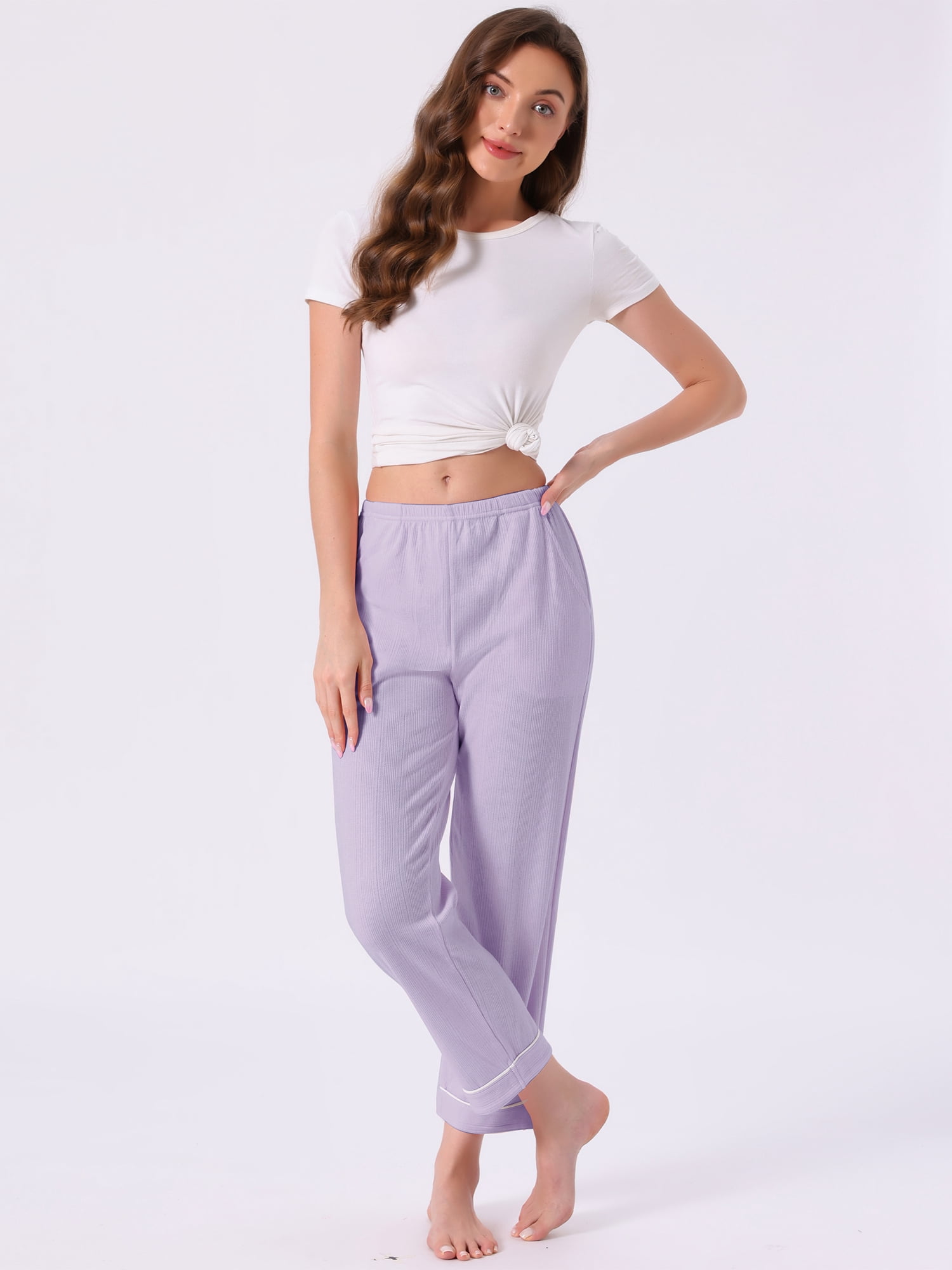 DARING DIVA Women's Cotton Knit Ribbed Elastic Waist Loungewear S Purple
