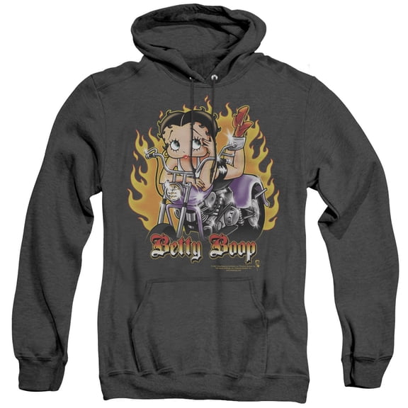 Betty Boop Biker Flames Boop Adult Heather Hoodie Sweatshirt Black
