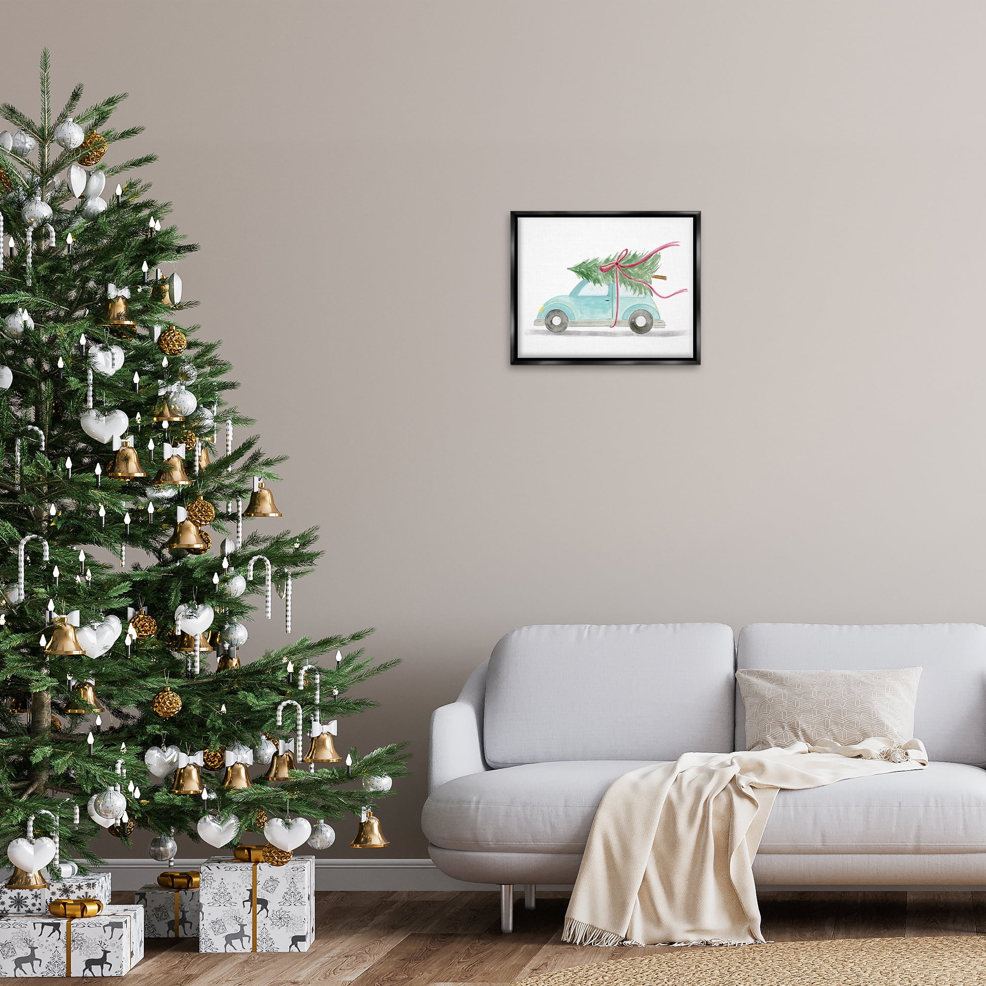 Stupell Industries Windblown Tree on Car Holiday Painting Black Floater Framed Canvas Art Prints Wall Art, 21 x 17
