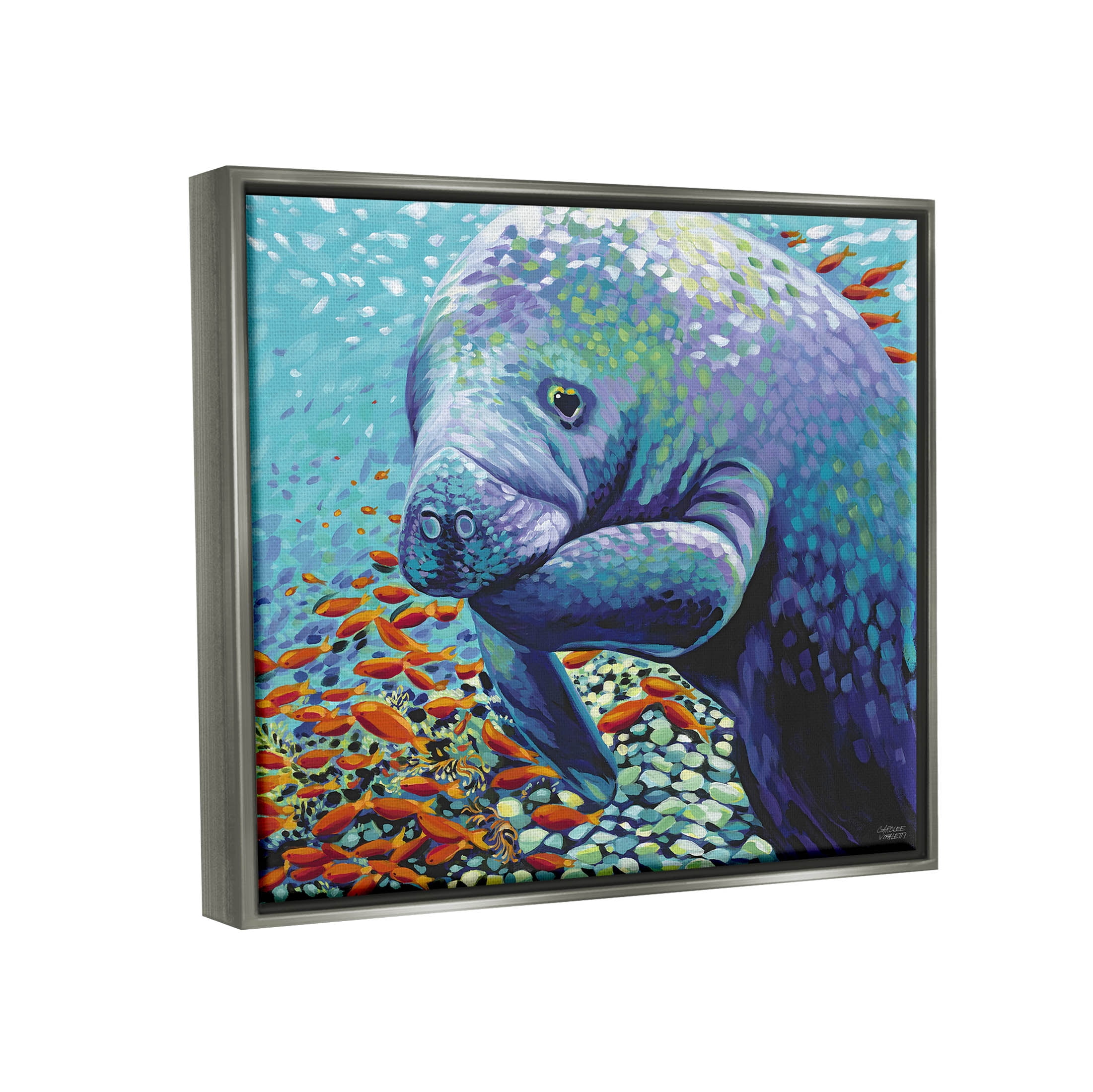 Stupell Industries Underwater Manatee Impressionist Painting Luster Gray Floating Framed Canvas Print Wall Art, Design by Carolee Vitaletti