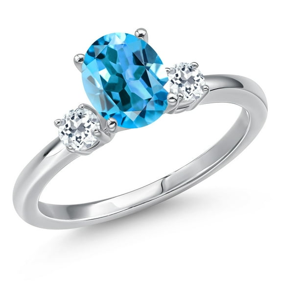 Gem Stone King 14K White Gold Swiss Blue Topaz and White Topaz Engagement Ring for Women | 1.78 Cttw | Oval 8X6MM | Gemstone November Birthstone | Size 6