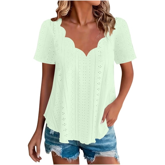 Agkizg Women's V Neck Short Sleeve Blouse Solid Color Soft Breathable Ruffle Casual Daily Fashion Top