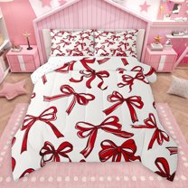 Manfei White Red Ribbon Bedding Comforter Set for Kids, Kawaii Cartoon Bowknot Twin Comforter Sets, Cute Princess Style Reversible Bedding Set, Lightweight Room Decor, 2 Pieces