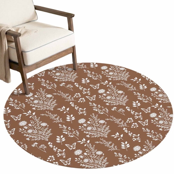 Washable Round Rugs 3ft Brown Botanical Circle Rug Non-Slip Soft Non-Shedding Low-Profile Spring Summer Chic Wildflowers Small Area Rug Carpet for Living Room Bedroom Dining Room Home Decor