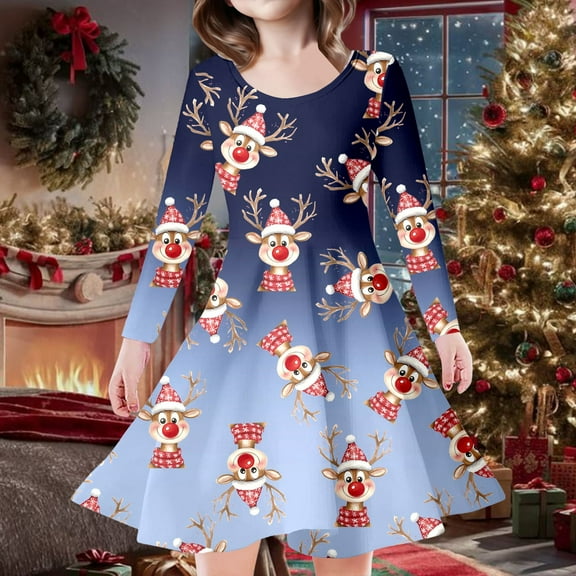 Fourth of July Girls Dresses Size 8 Christmas Kids Toddler Girls Christmas Trees Deer Print Christmas Long Sleeve Party Princess Dress