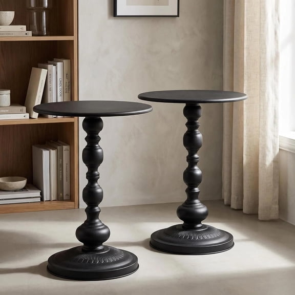 Round Metal Side Tables Set of 2 for Living Room, Vintage Black Pedestal Accent End Tables, Small Drink Tables for Sofa Bedside Corner Spaces