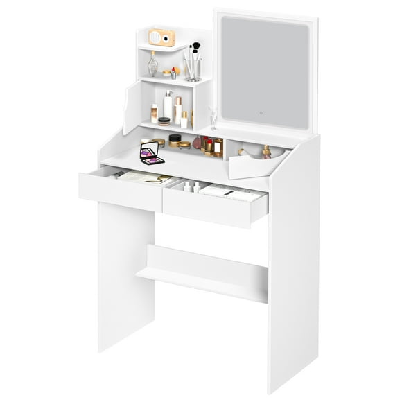 Aqzb Vanity Desk Set with Square Mirror and Light, Makeup Vanity Table with Drawers - White