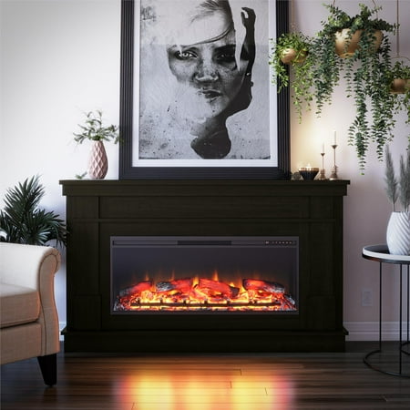 Elmcroft Wide Mantel with Linear Electric Fireplace, Charred Oak