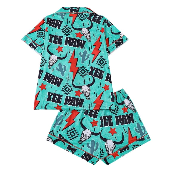 Womens Pajama Set Print Lapel Collar Short Sleeve Shorts Cool Sleepwear Loungewear