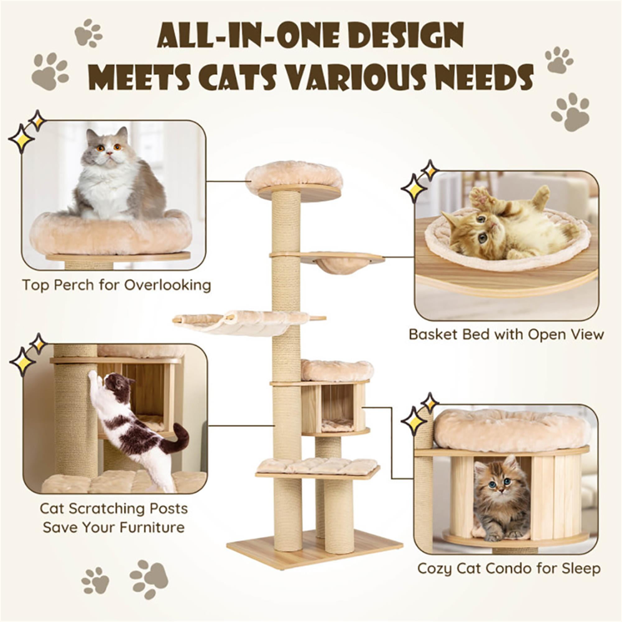 resenkos 75" Wood Cat Tree Tower for Indoor Cats, Multi-Level Cat Condo with Scratching Posts, Perch, Washable Removable Cushions, Cat Furniture, Beige