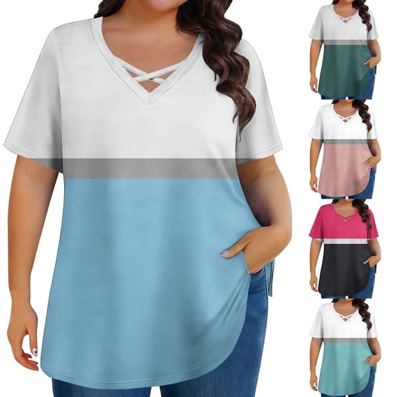 YanHoo Womens Summer Tops Criss Cross V Neck Short Sleeve Shirts Loose Casual Dressy Blouses Striped Color Block Printed Plus Size Tshirts Light Blue,XXL