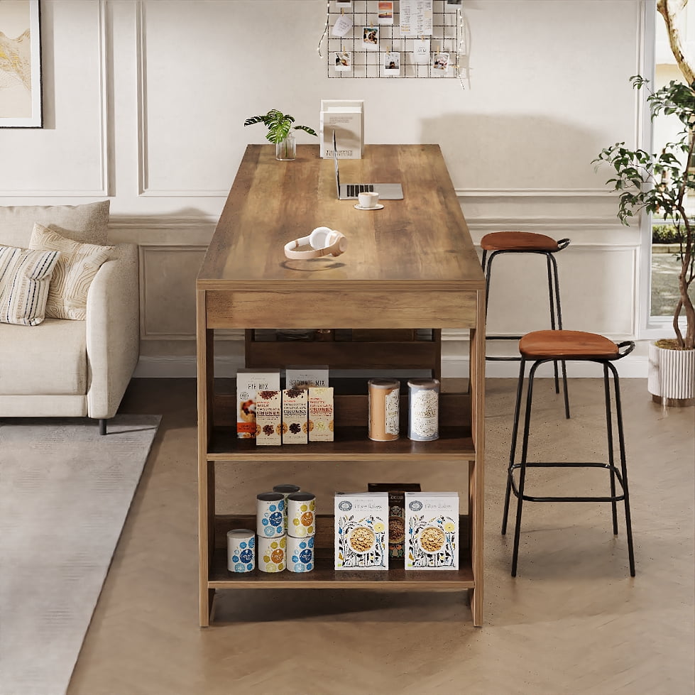 Finmind Kitchen Island with Storage, 63-inch Farmhouse Large Stationary Island Table with Double-Sided Storage Shelves for Kitchen, Rustic Brown