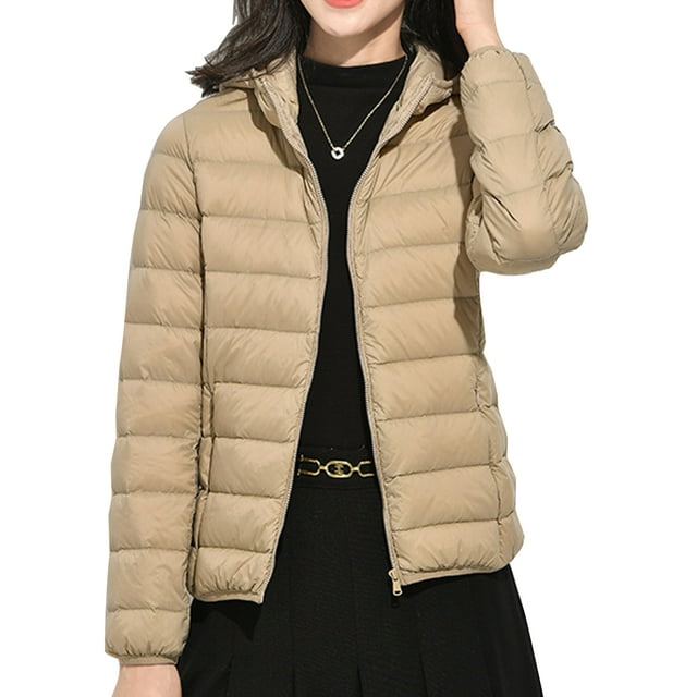 LUXUR Manteau Matelassé pour Femme à Capuche, Manteau d'Extérieur avec Poches, Doudoune Résistante à l'Eau, Fermeture Éclair Intégrale, Kaki, 3TG