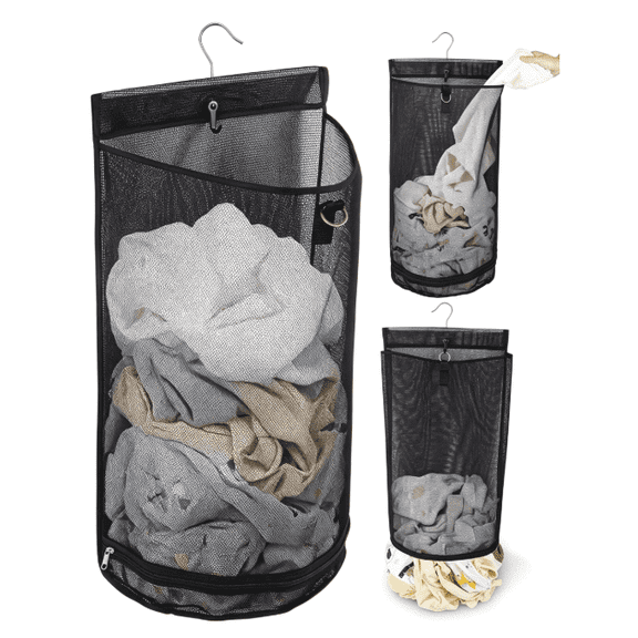 Hanging Mesh Laundry Hamper, Foldable Dirty Clothes Storage Basket with Zipper Bottom, Breathable Hanging Laundry Bag for Bathroom, Dorm, Gym, Travel