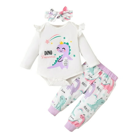 

KIMI BEAR Infant Baby Girls Romper Outfits 12 Months Infant Girls Fall Winter Clothes 18 Months Girls Cute Dinosaur Print Long Sleeve Romper Pants Headband 3PCs Set White