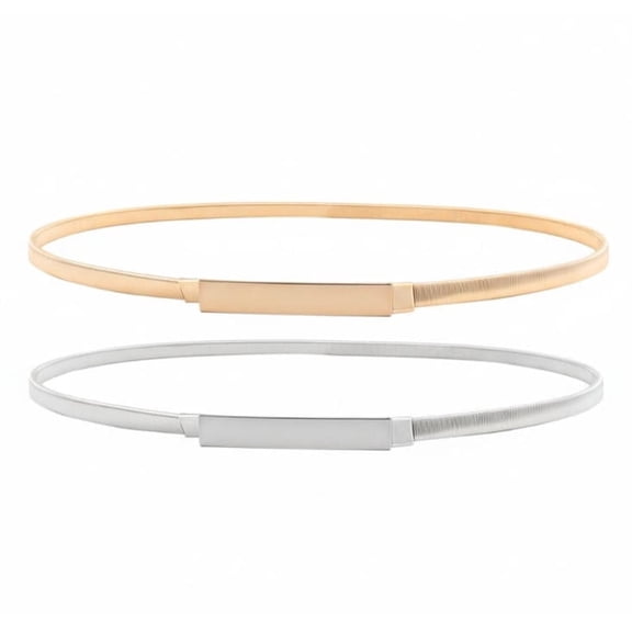 Stretch Thin Waist Belts for Women (2 Styles) - Skinny Metal Cinch Belts in Gold & Silver, Ideal for Dresses