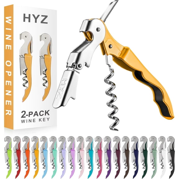2-Pack Wine Opener Waiter Corkscrew, Professional Wine Key for Servers, Bartender with Foil Cutter, Manual Wine Bottle Opener Double Hinged (Yellow)
