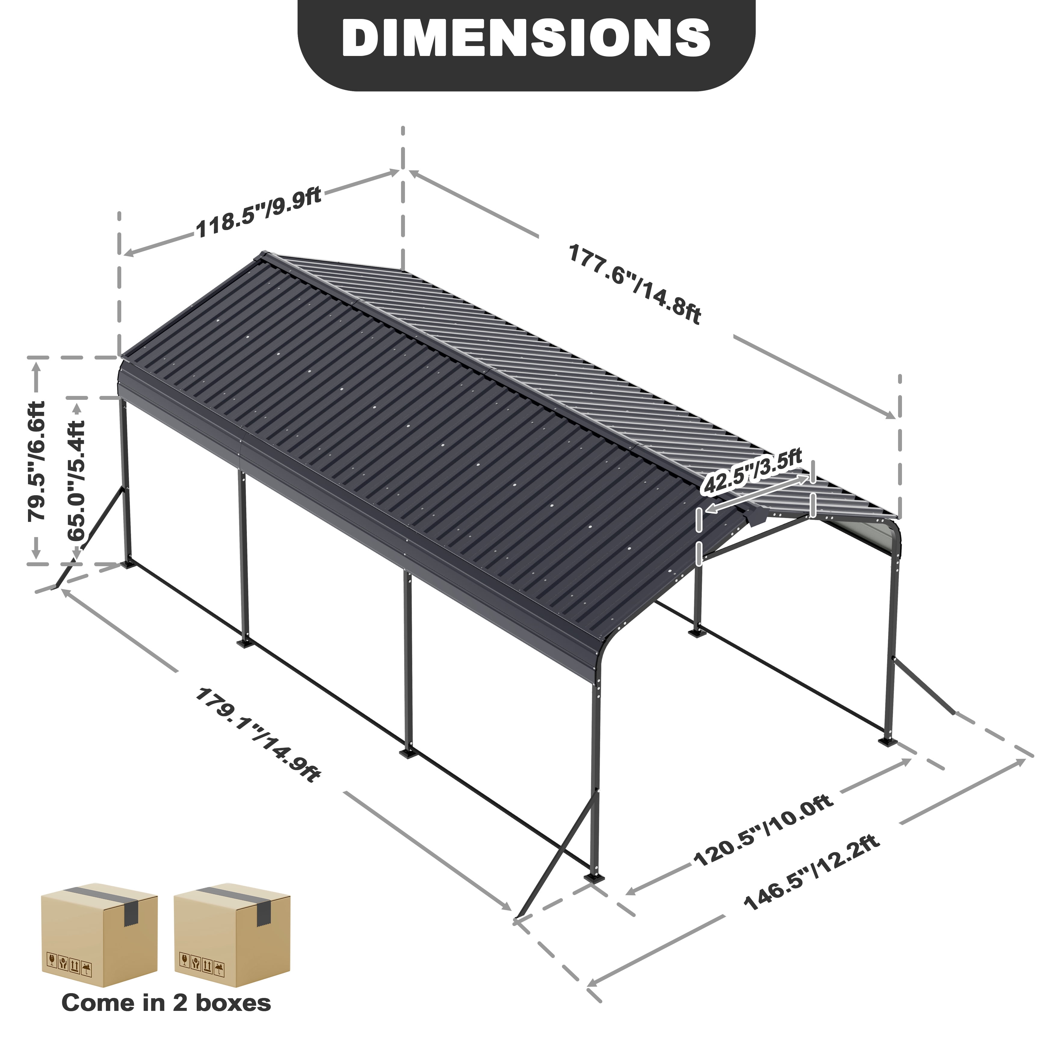 Nuu Garden Steel Carport 15 x 10 FT with Windproof Ground Anchors and Reinforced Frame, All-Weather Multi-Use Outdoor Shelter Outdoor Garage Car Port, Dark Gray and Black