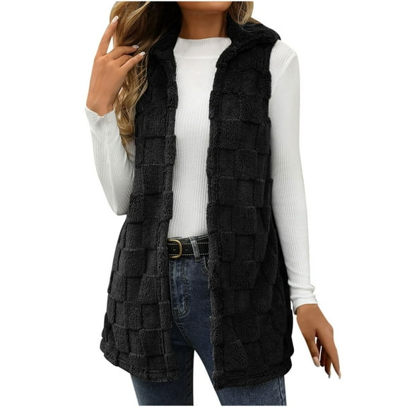 Uaswgudfs ​Women's Checkered Plush Winter Vest - Open Front Knee Length Insulated with Patch Pockets