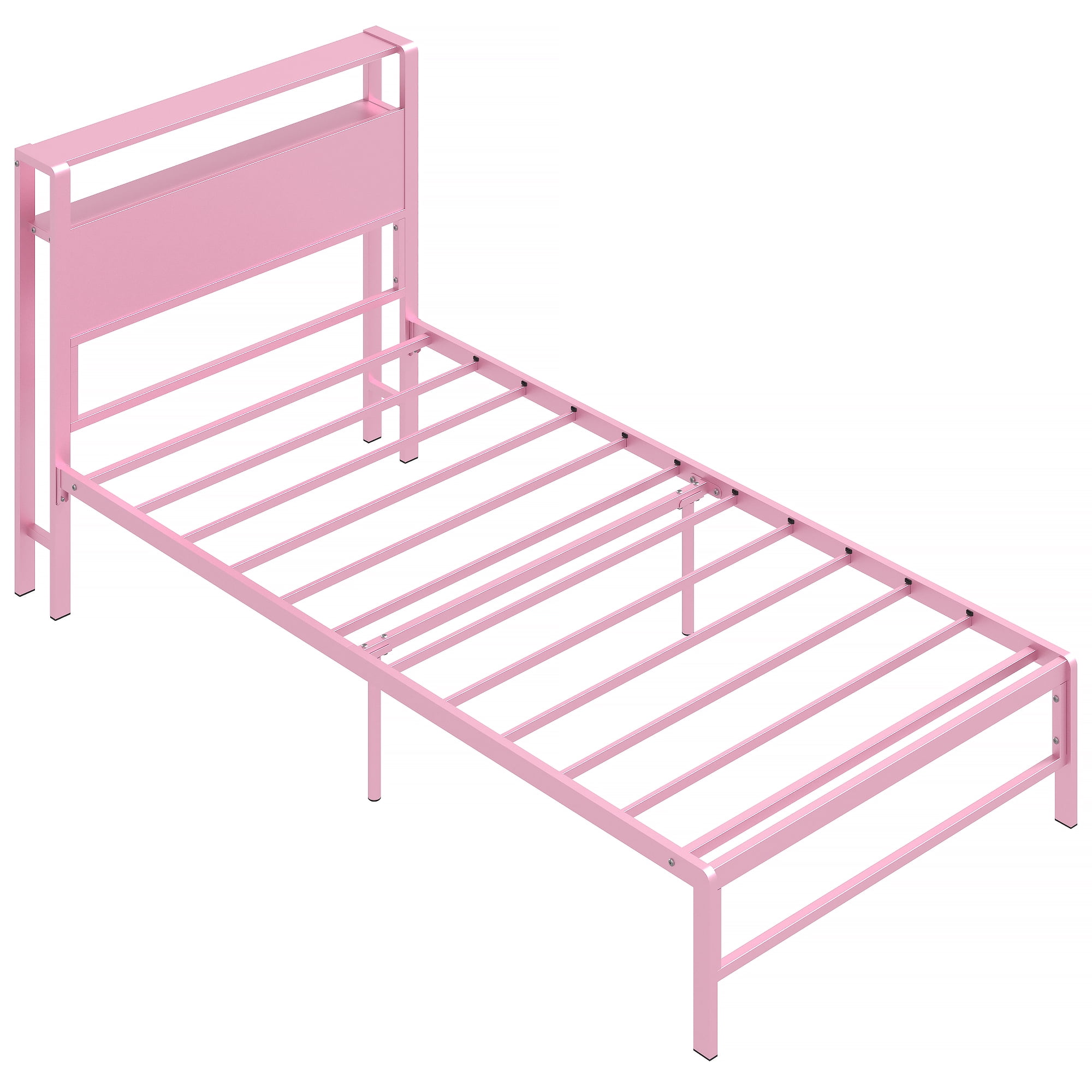 Yoneston 12" Twin Metal Bed Frame with 2-Tire Storage Headboard for Girls, Heavy Duty Platform Bed Frame Bedroom Furniture, Pink