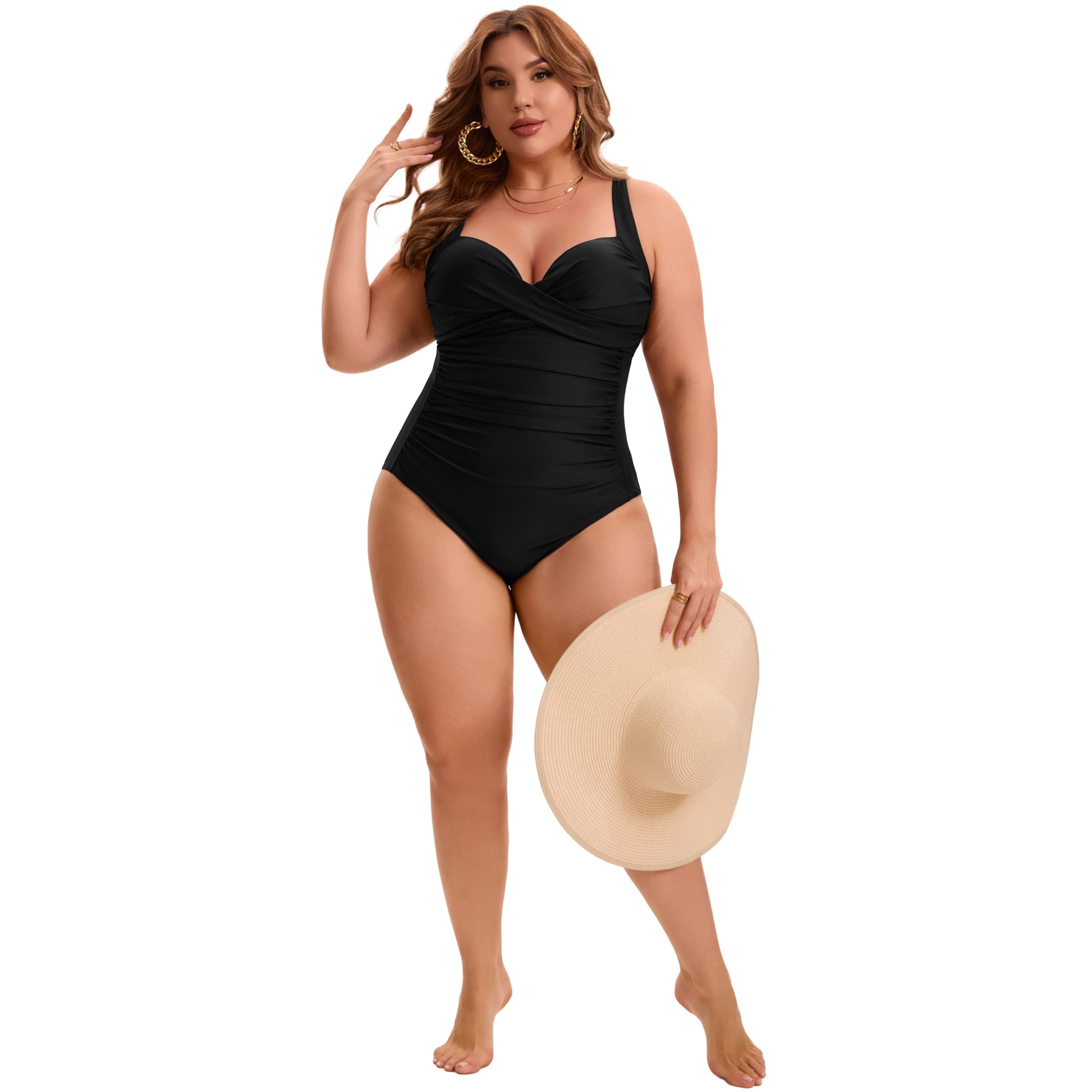 DARING DIVA Women's Plus 1 Piece Crisscross V-neck Swimsuit 2X Black