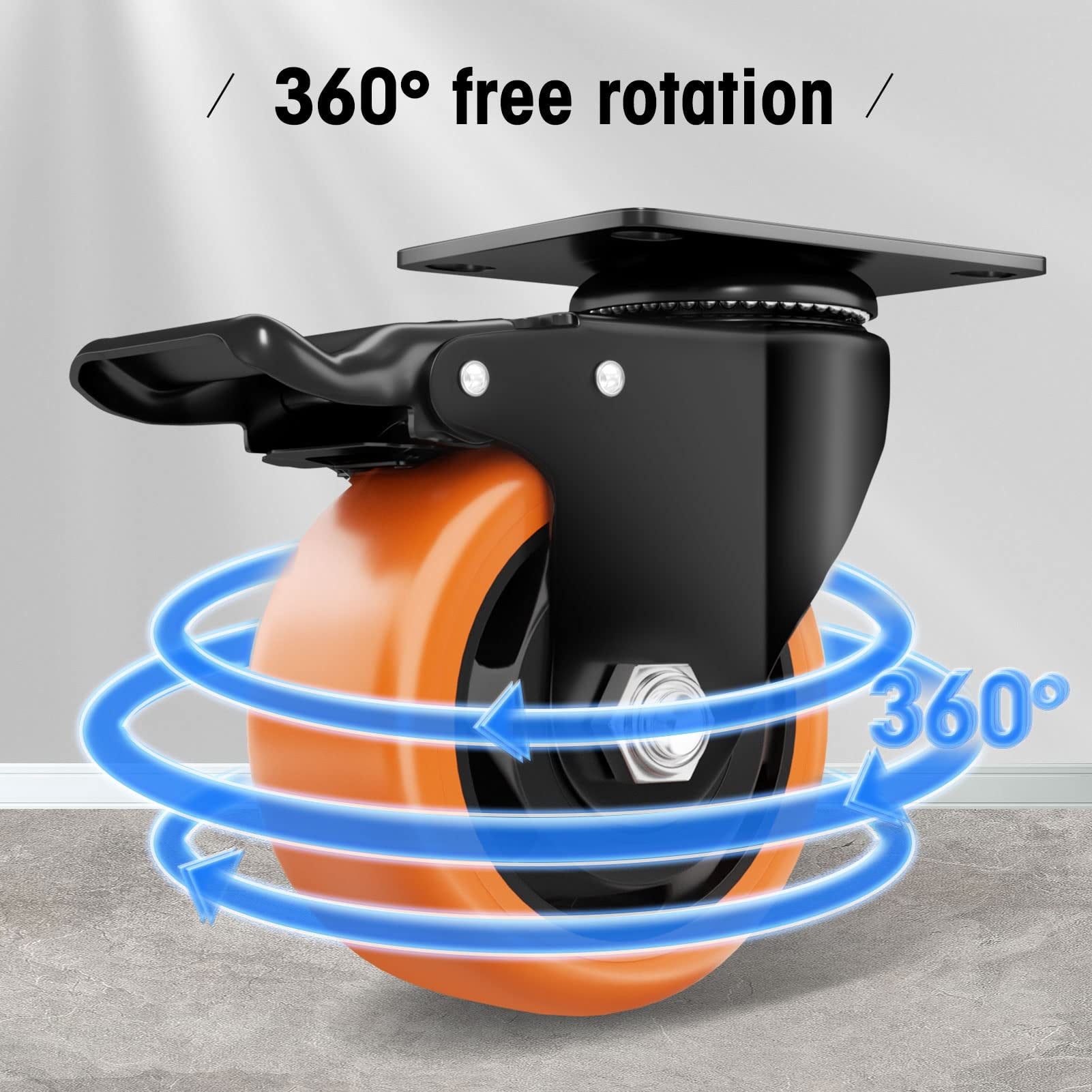 Caster Wheels - 3 Inch Casters Set of 4 Heavy Duty - ASHGOOB Orange Polyurethane Castors, Top Plate Swivel Wheels, 4-Pack Industrial Casters with Brake, Locking Casters for Furniture and Workbench