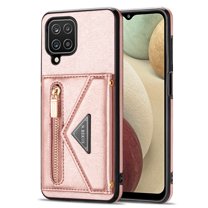 Dteck Case For Samsung Galaxy A12 6.5-inch,Luxury Leather Zipper Card Holder Wallet Cross Body Bag Back Case Hybrid Rubber Kickstand Cover with Shoulder Strap,Pink