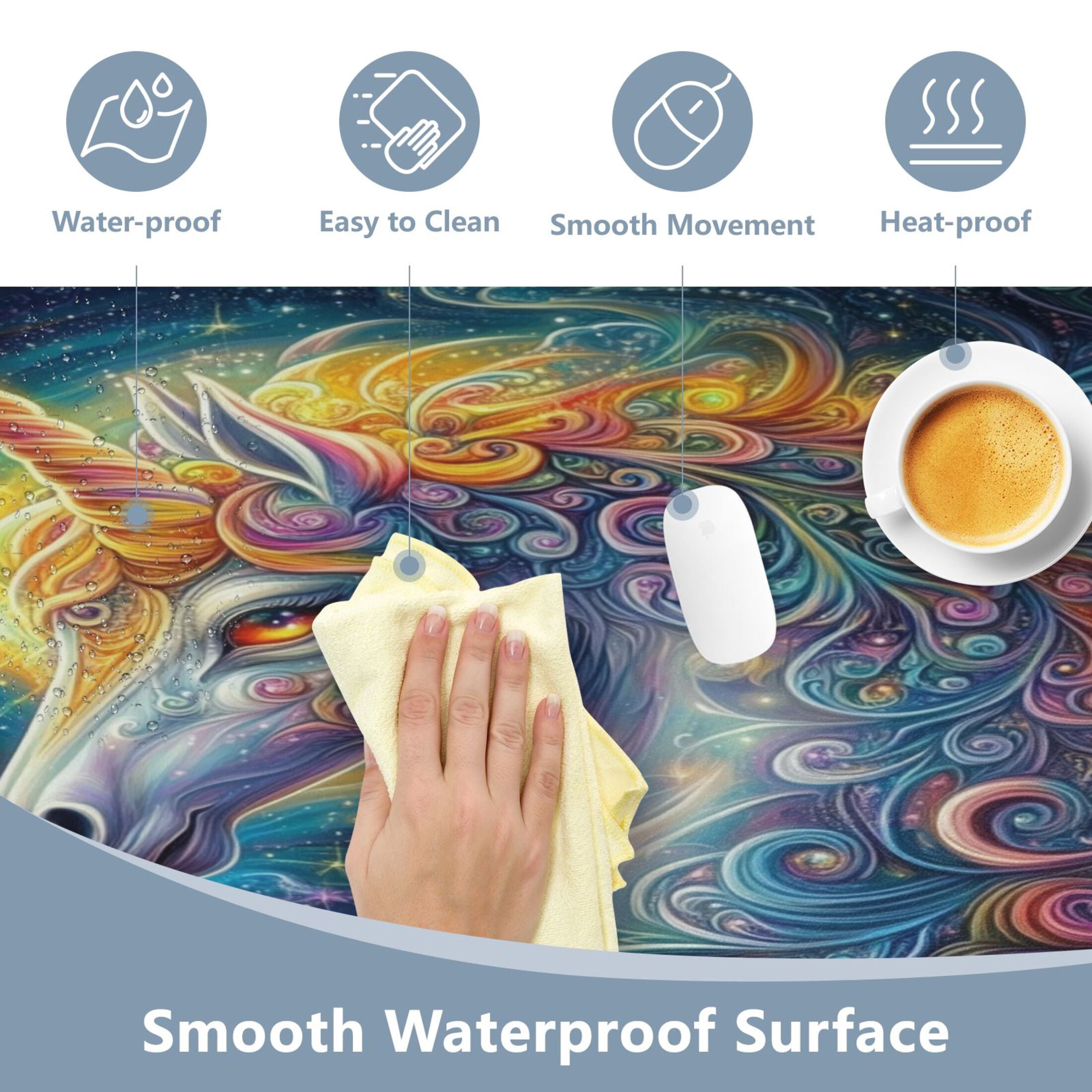 Leather Keyboard and Mouse Desk Mat Office Desk Accessories Protective Office Desk Decor Desk Pad Mat for Gaming, Work from Home, Office Psychedelic Art Unicorn 16.5" x 35.4"