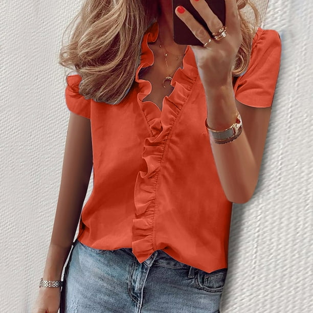 Puntoco - Camiseta informal de manga corta con cuello en V y volantes de verano para mujer Puntoco Puntoco-3121