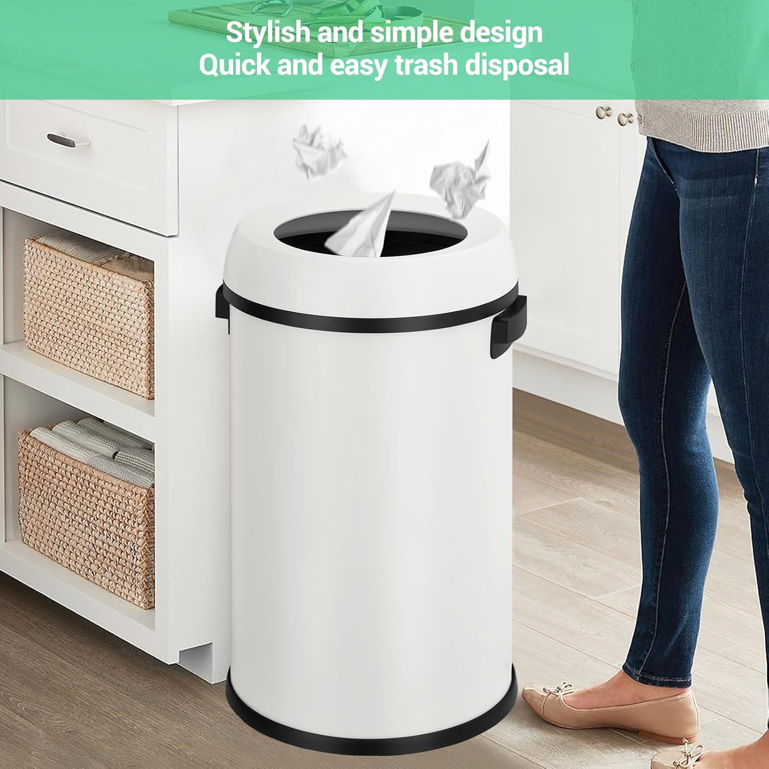 Garvee 17 Gallon Stainless Steel Round Trash Can with Open Lid, Fingerprint-Proof, Removable Inner Liner for Kitchen, Office, Living Room, or Bathroom, White