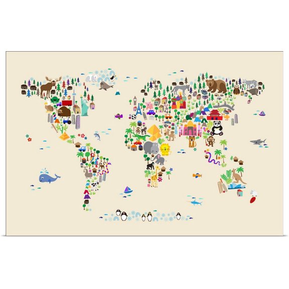 Great BIG Canvas | Rolled Michael Tompsett Poster Print entitled Animal Map of the World for children, Tan